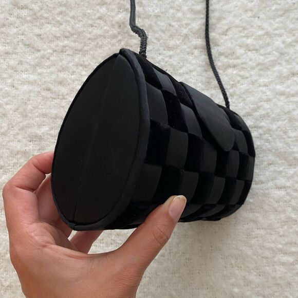 Vintage Black Checkered Velvet and Satin Crossbody Shoulder Bag - Picture 4 of 9